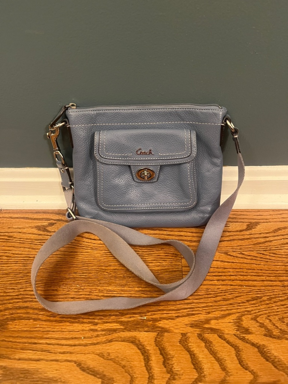 Coach Blue Slate Leather Crossbody Bag with Front Pocket